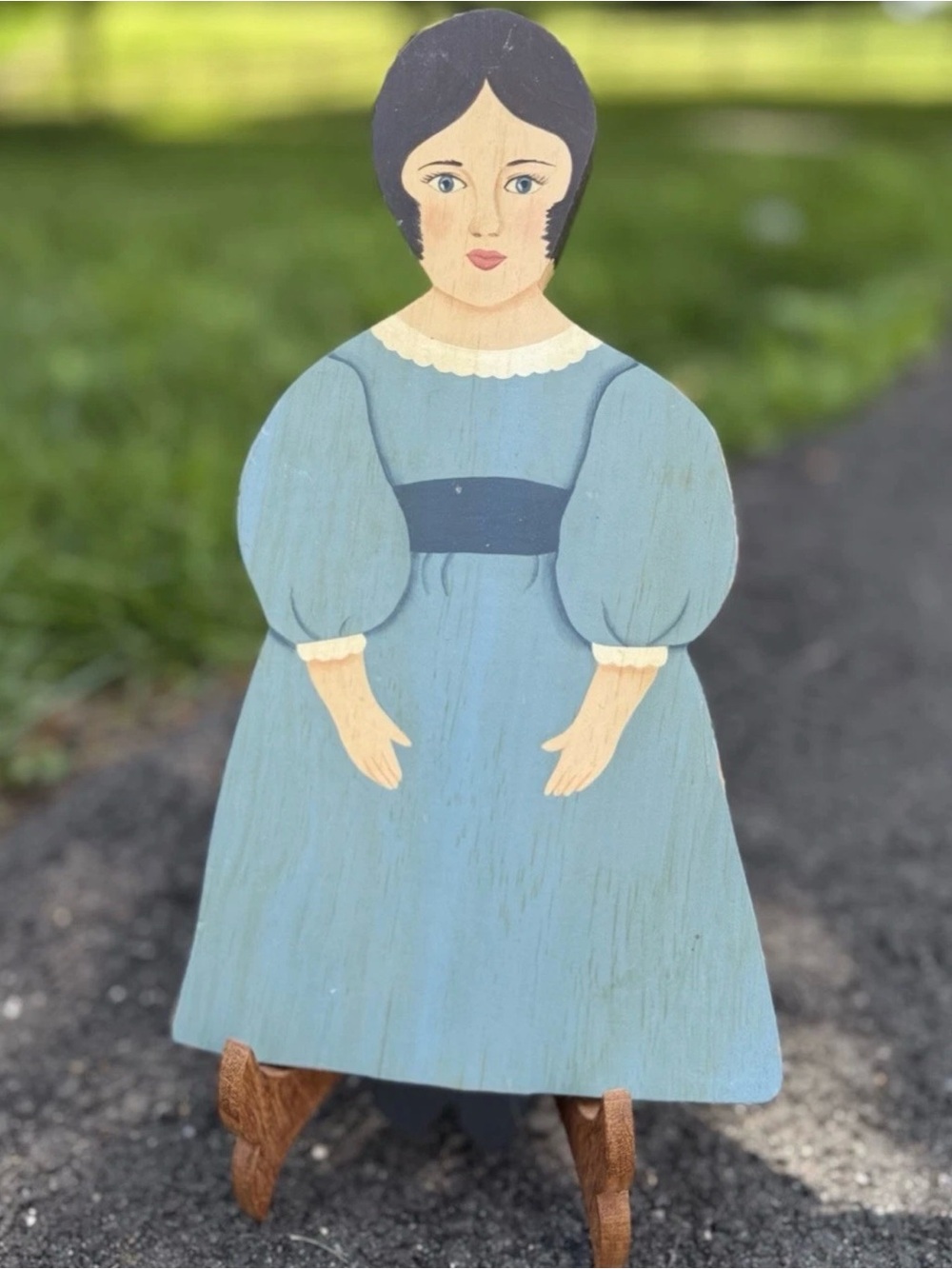Hand Crafted Blue and Cream Folk Art Wooden Figure